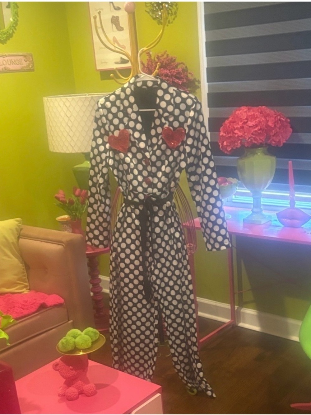 Polka Dot Tie-Waist Jumpsuit with Heart Accents - Black & White